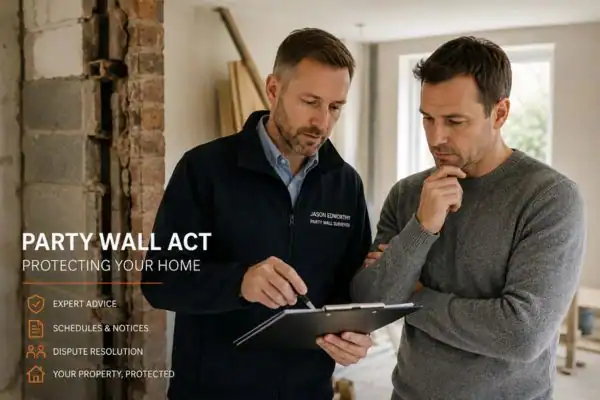 Party wall surveyor East Sussex discussing extension plans with homeowner outside a UK semi-detached house.